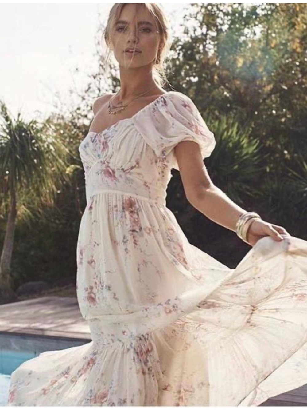 LoveShackFancy Cream Maxi Dress with Soft Pink Floral Print
